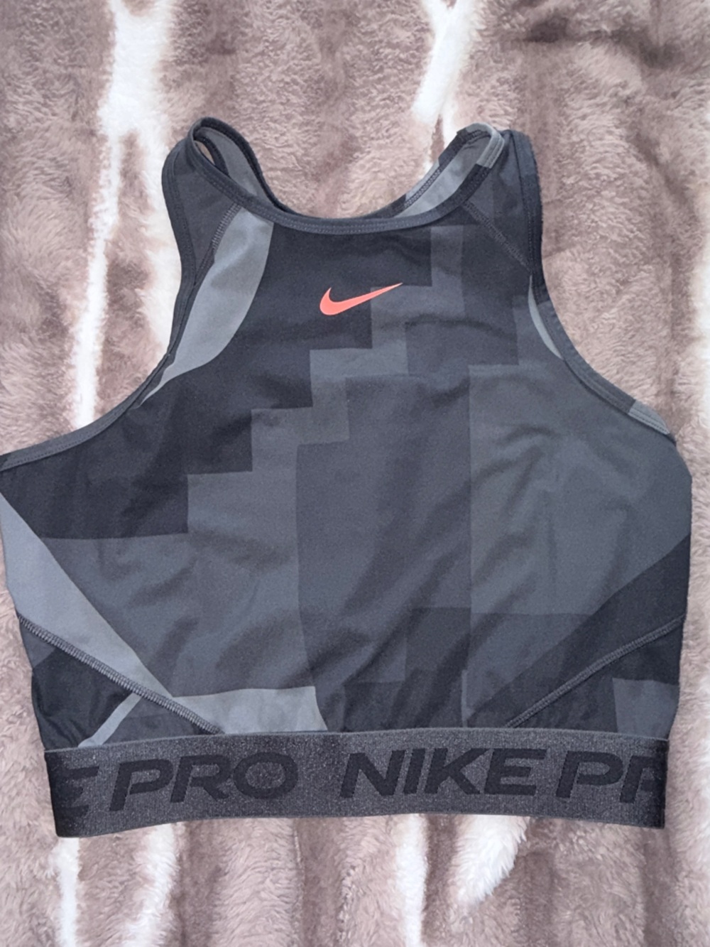 Nike Black & Gray High-Neck Pro Sports cropped training top with Coral Swoosh